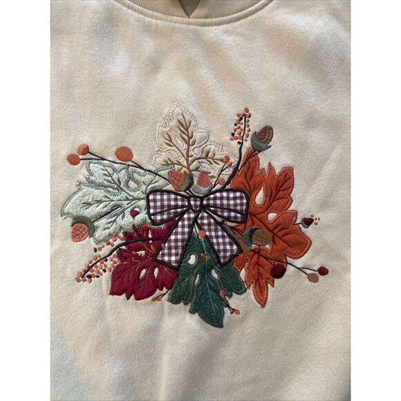 Vintage Cream Grandma Crewneck Sweater Size XL Double Collar Leaves Bow Stitched - Picture 1 of 5